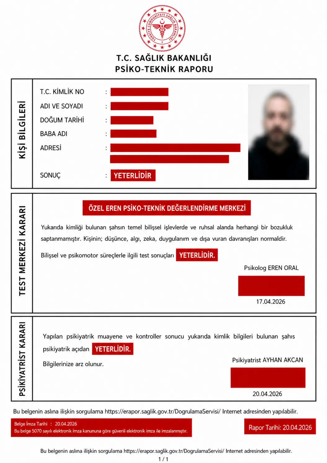 Psikoteknik belgesi örneği — Sağlık Bakanlığı onaylı e-imzalı psikoteknik raporu